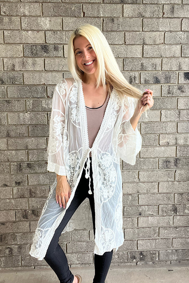 White Lace Kimono With Tie-SALE– Lace & Envy